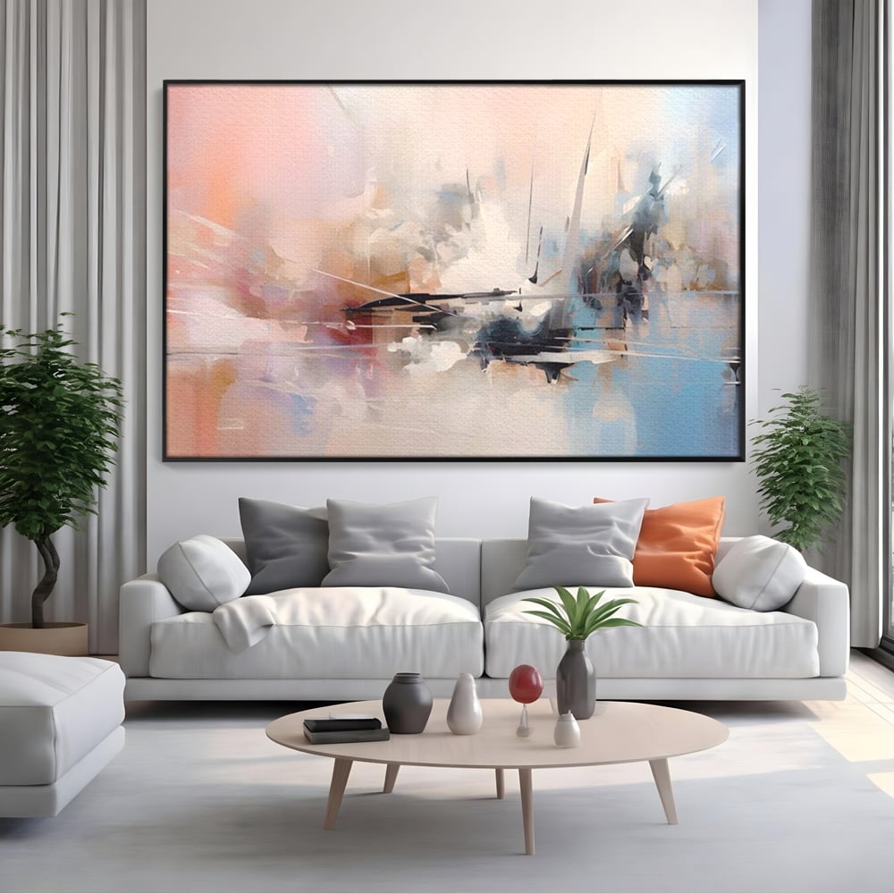Tablou canvas cu pictura abstracta cu linii si pete pastel, in rama de aluminiu negru, pe perete intr-un living